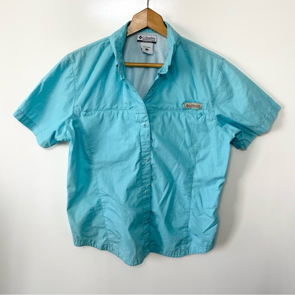 Columbia PFG Fishing Shirt Blue Short Sleeve Vented Womens L Outdoor Hiking Gorp